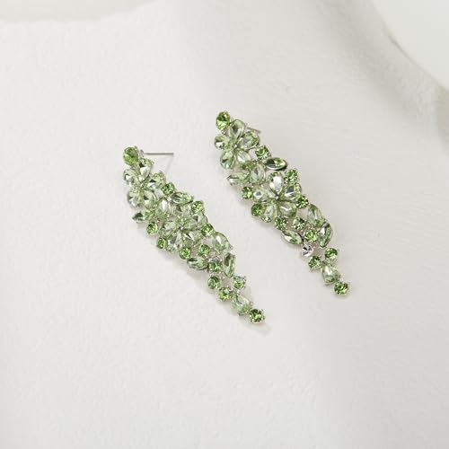 EleQueen Statement Sparkle Crystal Necklace Bracelet Dangle Earrings Set for Women, Art Deco Prom Chandelier Jewelry for Wedding Bridal - color: Green-Silver-Plated-Base