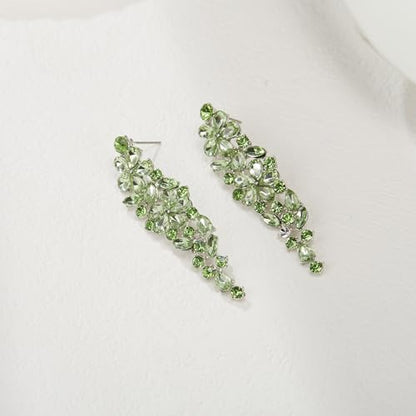 EleQueen Statement Sparkle Crystal Necklace Bracelet Dangle Earrings Set for Women, Art Deco Prom Chandelier Jewelry for Wedding Bridal - color: Green-Silver-Plated-Base