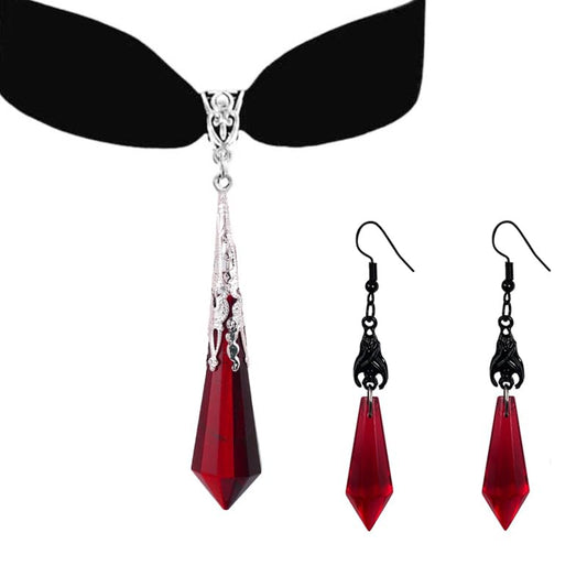 ONLYJUMP Gothic Vampire Bat Earrings Necklace Set for Women Vintage Goth Dark Bat Earrings Blood Pendant Necklaces Mystic Witch Halloween Costume Jewelry Gifts - style: Red