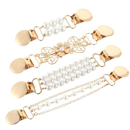 4pcs Pearl Dress Clips 4 Style Back Cinch Clips Set Vintage Sweater Pearl Brooch Dress Shirt Ties for Women Sweater Cardigan