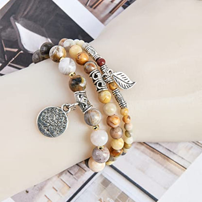 YGLINE Tree of Life Yoga Healing Stone Bracelets,Multilayer Lotus Chakra Stone Reiki Bracelet Sets,Anxiety Crystal Natural Stone,for Women Stress Relief - color: agate-3w