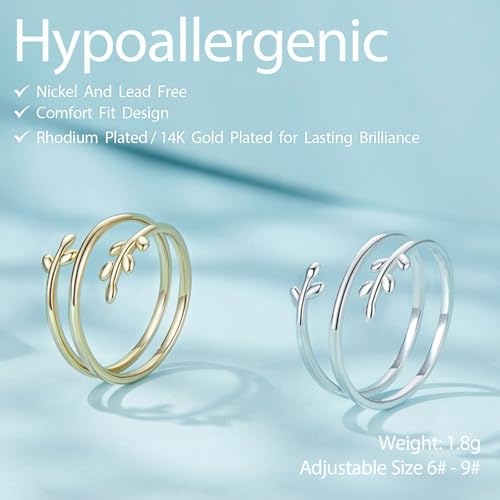 Silver Open Adjustable Stacking Rings for Women, Minimalist Wrap Band Set, Geometric/Heart/Wave/Leaf/Spiral Styles, Hypoallergenic, Gift Box Included, Thumb Ring Option - color: Leaf