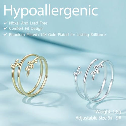 Silver Open Adjustable Stacking Rings for Women, Minimalist Wrap Band Set, Geometric/Heart/Wave/Leaf/Spiral Styles, Hypoallergenic, Gift Box Included, Thumb Ring Option - color: Leaf