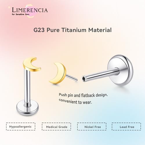limerencia Titanium Threadless Flat Back Earrings Stud Piercing Jewelry | 20G Press Fit Titanium Push Pop in Cartilage Tragus Labret Lip Medusa Conch Piercing Jewelry Hypoallergenic for Women Men - style: Moon Gold