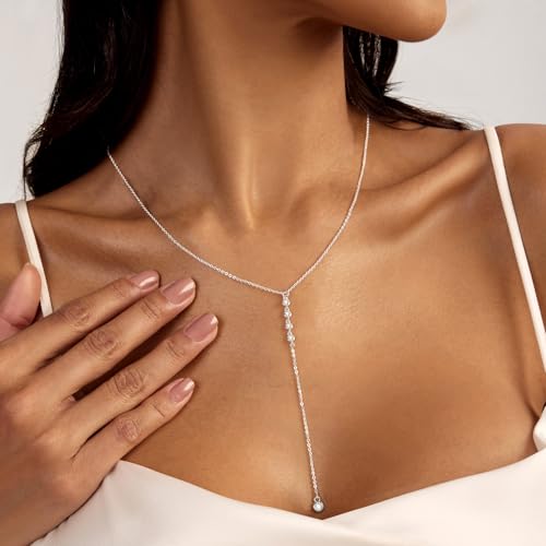 Luxval Lariat Silver Necklace for Women, Dainty Long Necklace Silver Y-Shaped Pendant Necklaces Trendy Beaded Chain Drop Necklaces Jewelry for Women Gifts - color: Silver-4CZ Y Necklace
