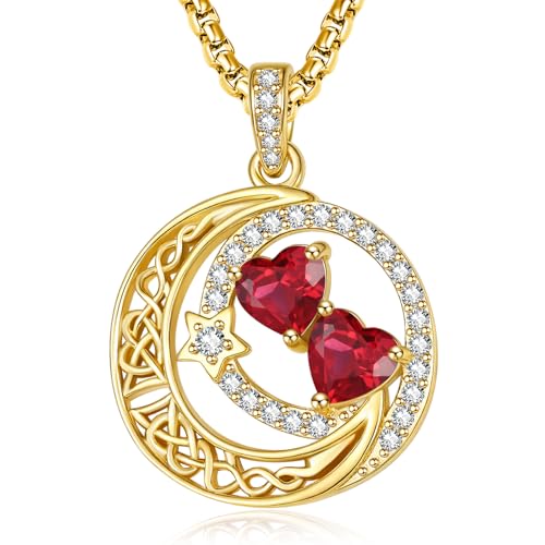 14K Gold Moon and Star Double Birthstone Necklace Gifts for Women | 2 Heart Birthstone Necklace,Mothers Day Wedding Anniversary Birthday Gifts for Wife Mom Daughter Grandma Sister - color: 07-07-Jul-Jul Birthstone