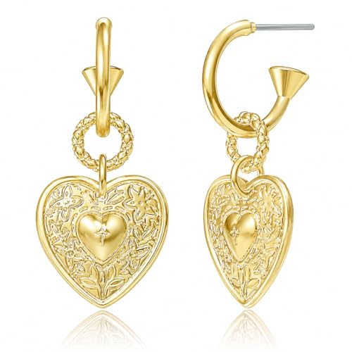 14K Gold Plated Heart Earrings for Women, Hypoallergenic Half Hoop Drop Earrings, Gift for Wife Mom Her by Febsky