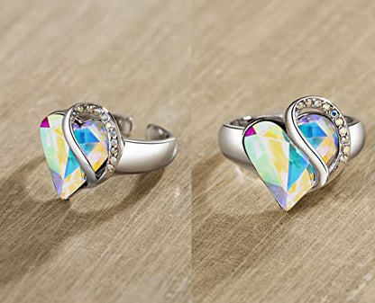 Leafael Infinity Love Women's Adjustable Crystal Heart Ring with Birthstone Crystals Healing Stones, Jewelry Gifts for Women, Birthdays Valentine's Day, Silver-Tone, Open End, Size 6.5-8 - color: 15-April-Purification-Rainbow Opal White