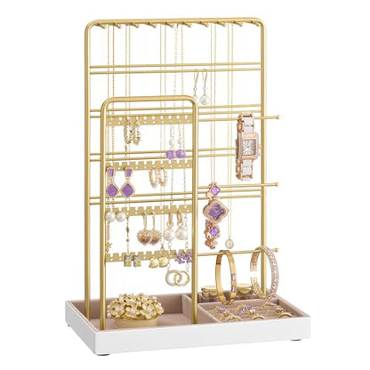SONGMICS Necklace Holder, Jewelry Stand Holder Organizer, Jewelry Display with Metal Frame, Velvet Tray, Earring Bracelet Holder, for Gift Idea, 5.5 x 9.4 x 14.1 inch, Pale Gold UJJS028A01 | Necklace Earring Bracelet Holder, for Studs, Rings, Gift Idea, P