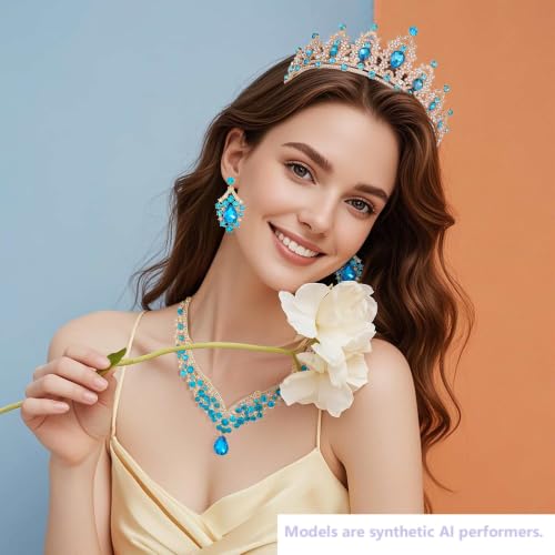 Kamirola Bridal Wedding Tiara Crown Jewelry Set for Women/Brides/Bridesmaids Crystal Jewelry Set for Wedding Prom Party Bridal Crystal Necklace Earrings Bracelet Set(TR60) - color: Gold Skyblue
