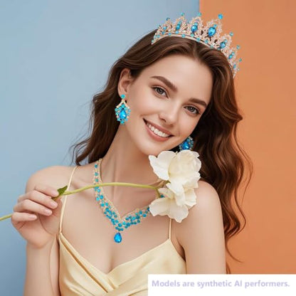 Kamirola Bridal Wedding Tiara Crown Jewelry Set for Women/Brides/Bridesmaids Crystal Jewelry Set for Wedding Prom Party Bridal Crystal Necklace Earrings Bracelet Set(TR60) - color: Gold Skyblue