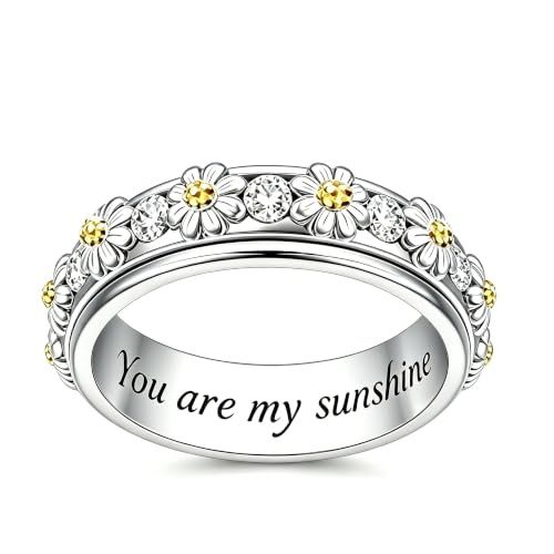 Daisy Anxiety Rings for Women 18K White Gold Plated Daisy Anxiety Rings You Are My Sunshine Flower Fidget Ring Jewelry Gifts for Women