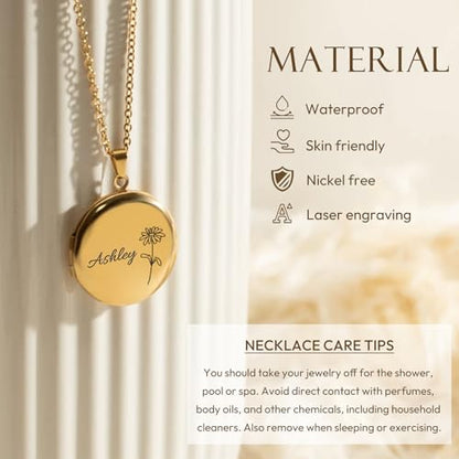 Personalized Heart Locket Necklace Customize Photo 925 Sterling Silver Picture Locket Necklace for Women Girls kids Engraved Birth Flower and Text Birthday Christmas Gifts for Women Girls Kids - color: Circle Rose Gold