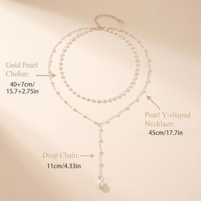 Amaxiu Layered Pearl Necklaces for Women, Y Shape Pearls Necklace for Women | Dainty Layered Faux Pearl Drop Chain Choker, Trendy Dainty Gold Pearls, Layering Necklace Jewelry Gift for Her