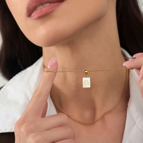 LETFLY Layered Zodiac Necklace for Women 18K Gold Natural Shell Pendant | Birthday Gifts for Women, Daily Wear, Hypoallergenic Material, Personalized Constellation Pendant, Adjustable, Snake Chain - style: Libra