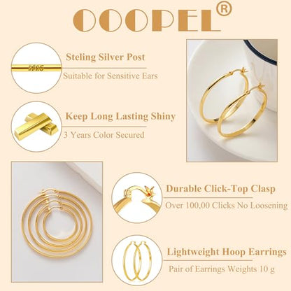 3mm Wide Large Hoop Earrings for Women Hypoallergenic 925 Sterling Silver Post Gold Earrings Lightweight Silver Hoop Earrings Oversize Big Gold Hoops 30/40/50/60MM - color: Gold, size: 50mm