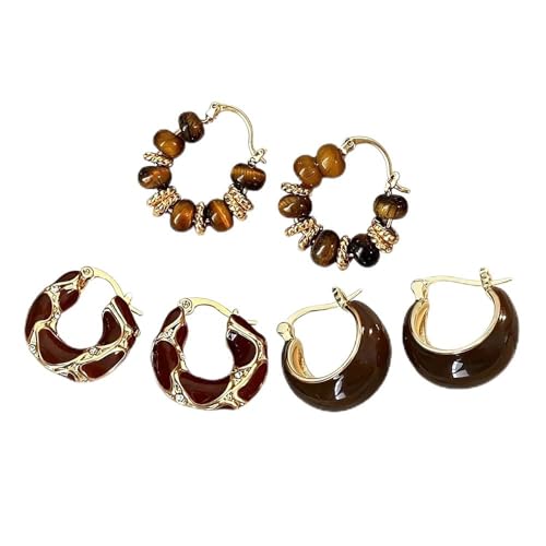Blue Drop 3 Pairs Brown Earrings for Women Boho Vintage Brown Resin Enamel Chunky Hoop Earrings Irregular Beaded Jewelry