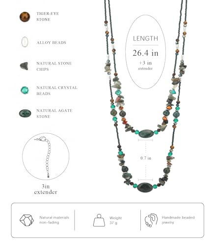 Noessla Boho Long Beaded Necklaces for Women Double Layer Chunky Irregular Stone Beads Strand Statement Jewelry Mothers Day Gifts - color: Dark Green