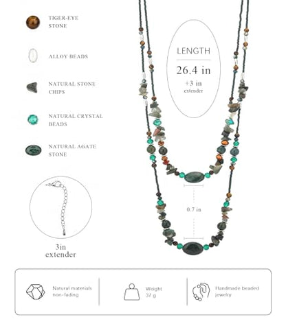 Noessla Boho Long Beaded Necklaces for Women Double Layer Chunky Irregular Stone Beads Strand Statement Jewelry Mothers Day Gifts - color: Dark Green