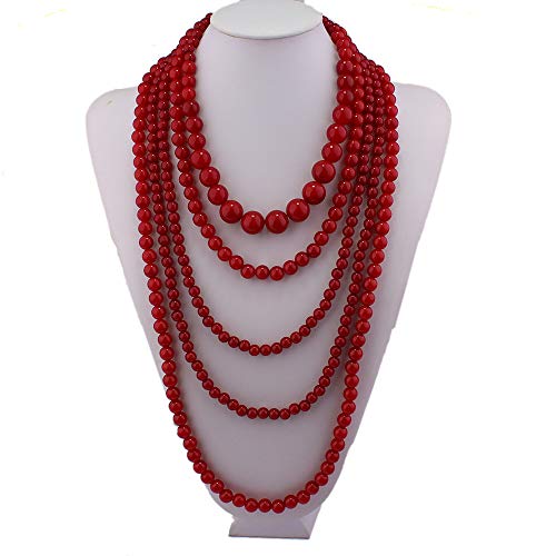 Multilayer Strand Chain Faux Pearls Flapper Beads Cluster Long Choker Necklace - color: Red