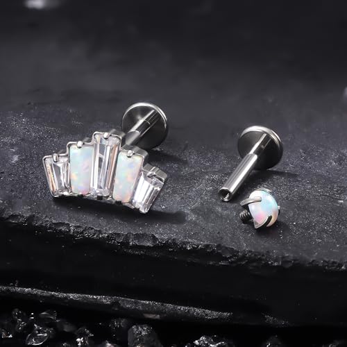 Titanium Flat Back Lip Rings Internally Threaded Earrings Studs Nose Rings 16G Opal CZ Tragus Cartilage Lobe Rook Helix Conch Labret Medusa Piercing Jewelry for Women Men W Piercing Taper Set - style: Crown Opal