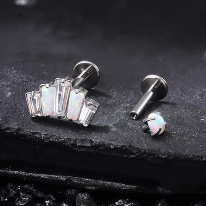 Titanium Flat Back Lip Rings Internally Threaded Earrings Studs Nose Rings 16G Opal CZ Tragus Cartilage Lobe Rook Helix Conch Labret Medusa Piercing Jewelry for Women Men W Piercing Taper Set - style: Crown Opal
