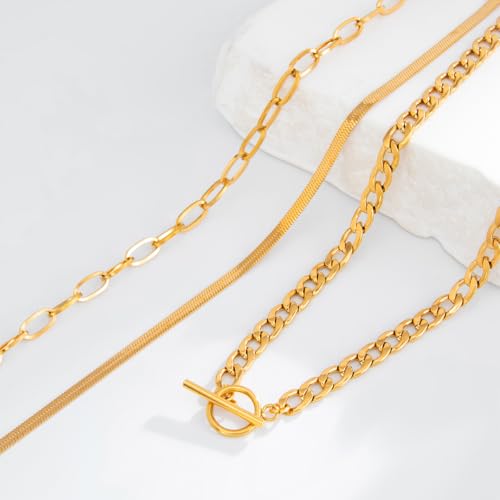 Layered Silver Chain Necklace for Women Chunky Stainless Steel Chains Necklaces Trendy Cuban Link Paperclip Chain Toggle Clasp Choker Necklace Stack Set Jewelry - color: Gold