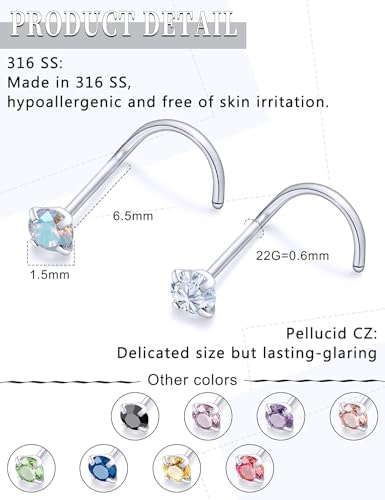 18G 20G 22G Round Cubic Zirconia Nose Rings Studs for Women Men 316L Stainless Surgical Steel Nose Ring Stud Piercing Jewelry Silver Clear CZ 1.5mm 2mm 3mm - style: 22G Screw Silver CZ 1.5mm