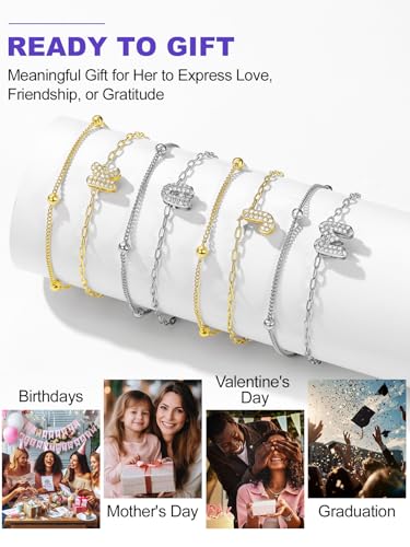 Richsteel Initial Ankle Bracelets for Women Waterproof, 14K Gold Plated/Silver Stainless Steel Anklets, Dainty Adjustable Layered Anklets with Bubble Letter, Non Tarnish Summer Beach Jewelry with Gift Box - color: C-Gold-Plated