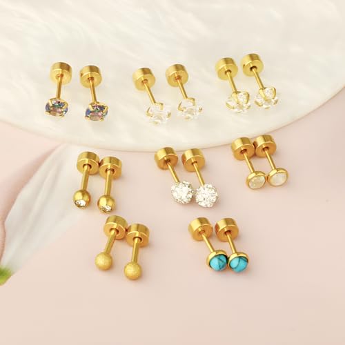 Stainless Steel Stud Earring 1 Pair Gold Flatback Earrings Hypoallergenic Screwback Jewellery Flat Back Helix Jewelry for Sensitive Ears Women Ladies Aretes De Mujer - style: Butterfly