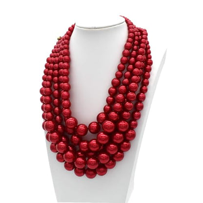 Faux Big Pearl Srand Necklaces for Women 5 Layers Pearls Choker Bib Collar Necklace Bracelet and Earrings set 1920s Costume Pearl Jewelry Bridal Wedding - color: red