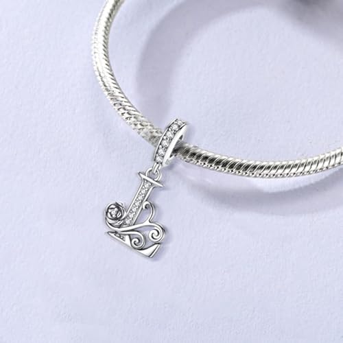 LNQOBU Complete A~Z Alphabet Charm Letter Beads, Solid 925 Sterling Silver with Cubic Stones Rose Alphabet Charm fits Pandora Bracelets Necklace Women Jewelry - color: CYT-L