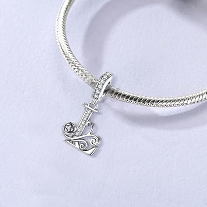LNQOBU Complete A~Z Alphabet Charm Letter Beads, Solid 925 Sterling Silver with Cubic Stones Rose Alphabet Charm fits Pandora Bracelets Necklace Women Jewelry - color: CYT-L