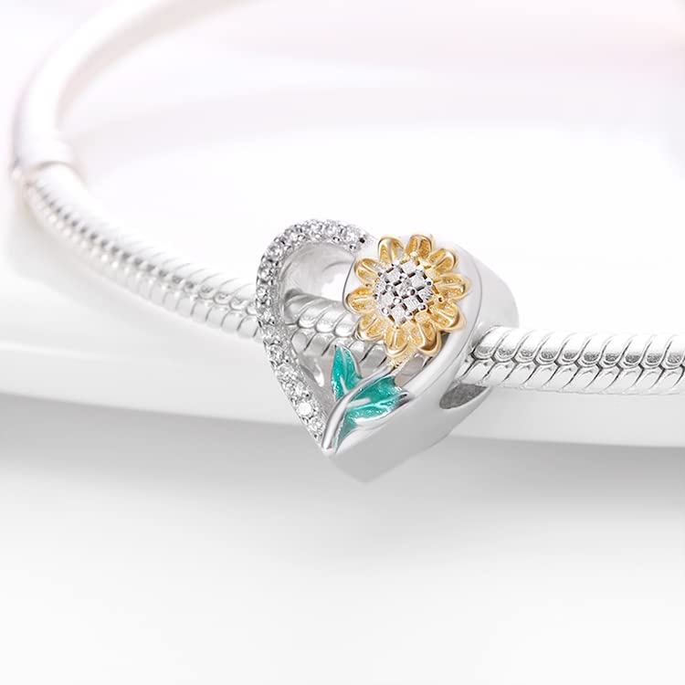 Pandach 925 Sterling Silver Charms for Bracelet&Necklace Dangle Pendant Bead with 5A Cubic Zirconia Stones,Jewelry Beads Gifts for Women - style: A-Heart shape, Sunflower charm