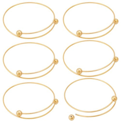 Beebeecraft 6Pcs 2.6 Inch Stainless Steel Adjustable Bangle Bracelet with Removable Ball Bead Real 18K Gold Plated Expandable Blank Bangle Bracelets Blank Cuff Wire Bracelets for Jewelry Making - color: Gold, size: 6.5cm
