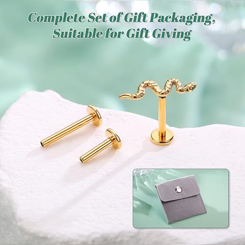 LOLIAS 16G G23 Titanium Tragus Conch Helix Piercing Jewelry 6mm 8mm 10mm - Internally Threaded Flat Back Stud Cartilage Earrings Hypoallergenic Forward Earlobe Labret Tragus Piercing Jewelry - color: Snake-14K Gold