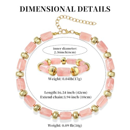 YBMYCM Colorful Resin Beaded Necklace Bracelet Set for Women, Adjustable Chunky Choker Necklace with Stretch Bracelet, Boho Statement Summer Beach Jewelry Gift for Her - color: Pink