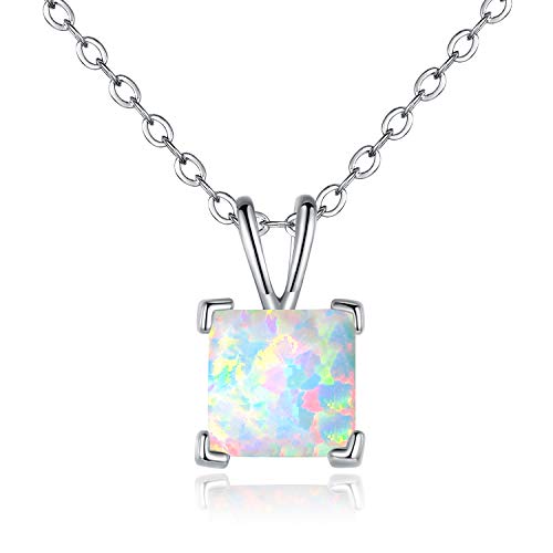 VOLUKA Created Opal/Amethyst/Mystic Topaz Pendant Necklace for Women,18K White/Rose Gold Plated Chain Wedding Engagement Jewelry Gift - color: F-Square opal necklace-w