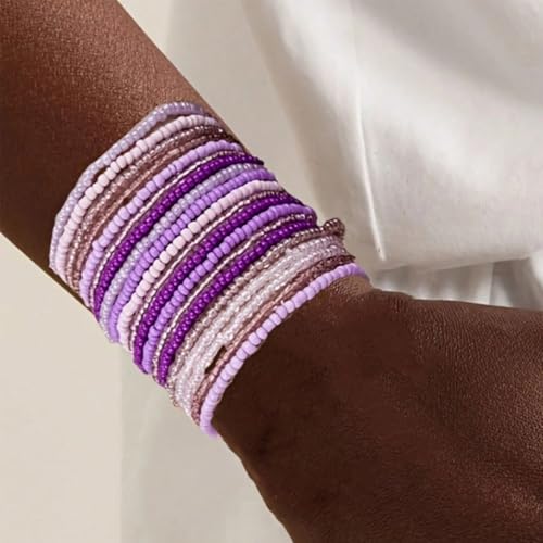 16-30Pcs Handmade Bohemian Colorful Crystal Seed Beads Stackable Adjustable Elastic Stretch Multilayerd Bracelets for Women Summer Vacation Beach Boho Bangle Jewelry - color: purple