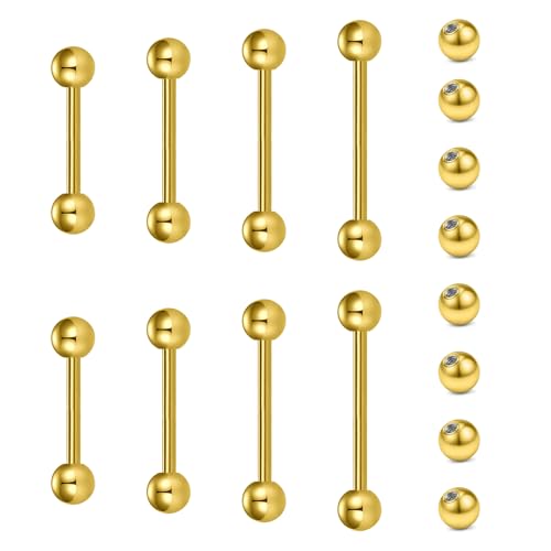 VCMART Nipple Rings Tongue Rings Stainless Steel 14G Straight Barbells Piercing Jewelry 12mm,14mm,16mm,18mm - color: 4 -gold with replacement balls