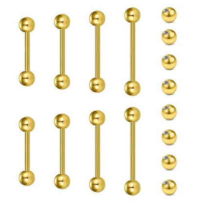 VCMART Nipple Rings Tongue Rings Stainless Steel 14G Straight Barbells Piercing Jewelry 12mm,14mm,16mm,18mm - color: 4 -gold with replacement balls