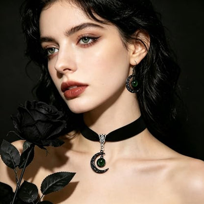 ONLYJUMP Gothic Witch Moon Earrings Necklace Set for Women Goth Black Velvet Moon Choker Necklace Moon Zirconia Dangle Drop Earrings Dark Halloween Witch Vampire Jewelry - color: Green