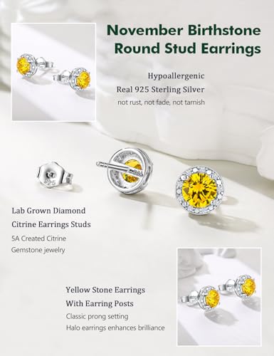 Dainty Birthstone Earrings for Women Sterling Silver Small Stud Earrings with Halo Cushion/Round Created Gemstone Earrings Birthstone Jewelry - style: B 11. Nov./created citrine-round cut