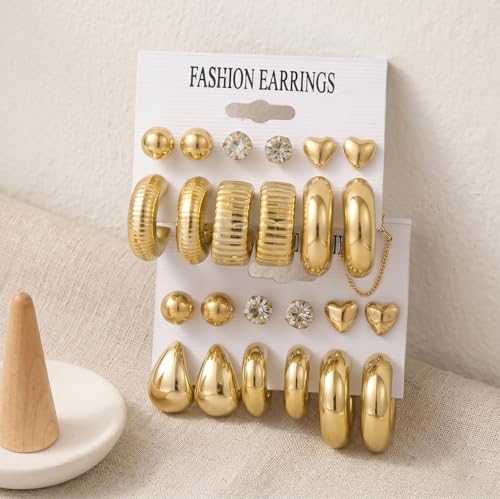 12-24pcs Handmade Crystal Heart CZ Earrings Pack Chunky Gold Earrings for Women Drop Stainless Steel Earrings Set - color: VC003/24p/Gold