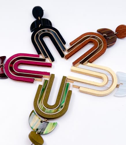 Ozel - Natural Wooden Acrylic Boho Drop Dangle Earrings for Women - Geometric Statement Jewellery - Brown, Black, Magent Red, Olive Green, White beige - color: Arch_Black