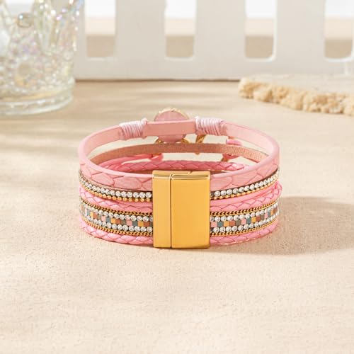 Rantanto Leather Wrap Bracelets For Women Gold Twist Lock Buckle Wrist Cuff | PU leather,Skin-friendly,Boho Stackable Wristband,Fashion Daily Jewelry,Trend Casual Party Bangle,Fit For Birthday, Holiday - color: Heart Pink