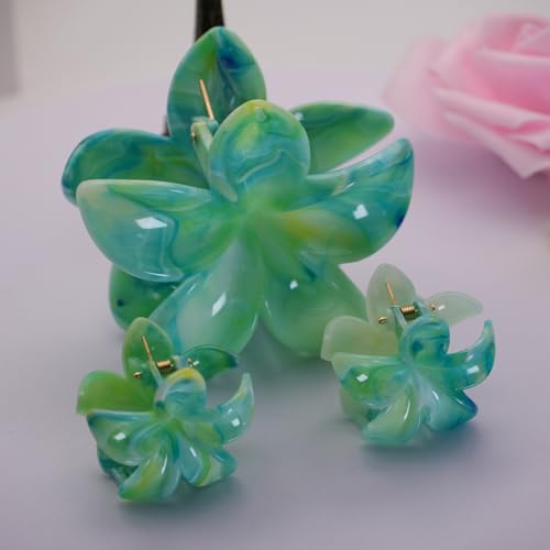 Flower Hair Clips for Women Girls Claw Clips Set Emerald-Green Plumeria with Marble Design Barrettes Summer Hair Clip Fashion Hair Styling Accessories for Thick Thin Hair(3Pcs:1Large 2Small) - color: Emerald-Green