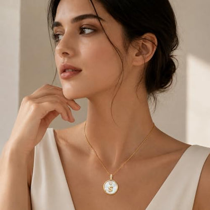 Initial Necklaces for Women Mother of Pearl Gold Letter Necklace Pendant - color: Letter S