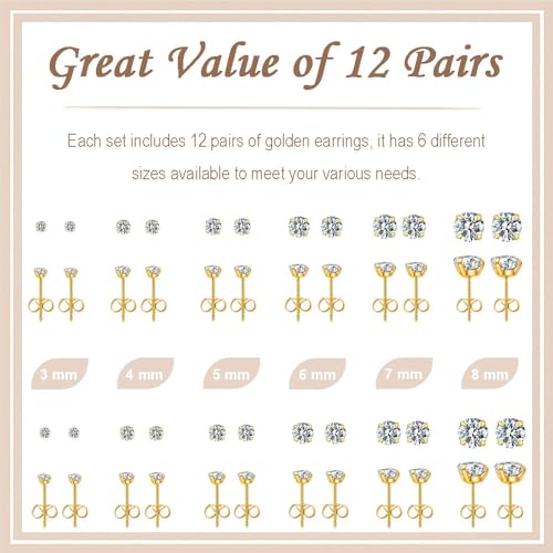 12 Pairs Stud Earrings Set, Hypoallergenic Surgical Stainless Steel 316L Earring for Women Men, Small Earring Studs Pack with Cubic Zirconia - color: Gold-6 Sizes-3，4，5，6，7，8