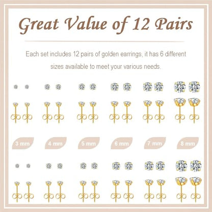 12 Pairs Stud Earrings Set, Hypoallergenic Surgical Stainless Steel 316L Earring for Women Men, Small Earring Studs Pack with Cubic Zirconia - color: Gold-6 Sizes-3，4，5，6，7，8